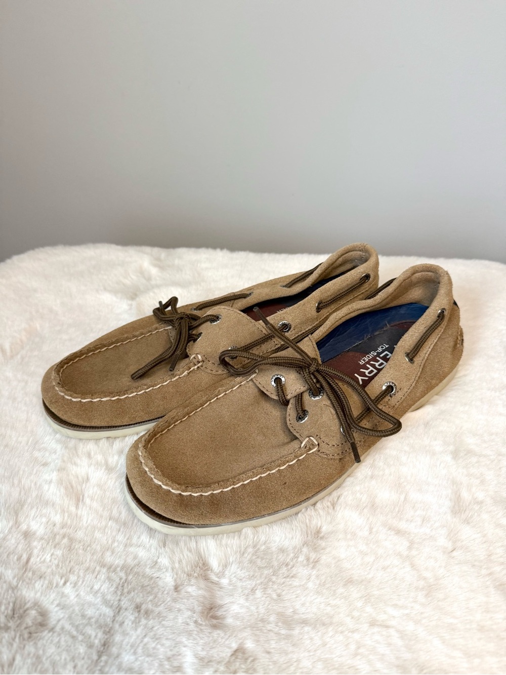 Men's Sperry Tan Suede Boat Shoes Leather Laces with Rubber Sole Size 8